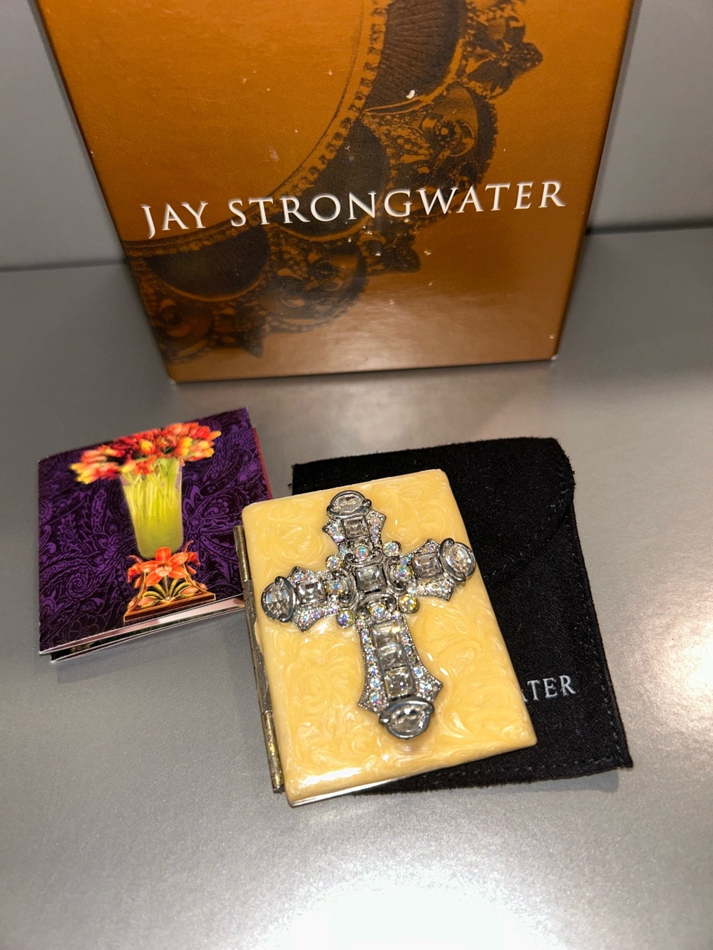 Jay Strongwater Ivory Enamel Folding Travel Frame with Crystal Cross